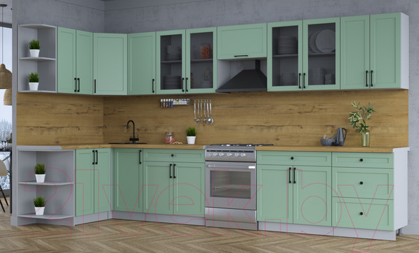 Изображение товара Кухонный гарнитур Интерлиния Тренд 1.5x3.8 левая (мята/мята/дуб бунратти)