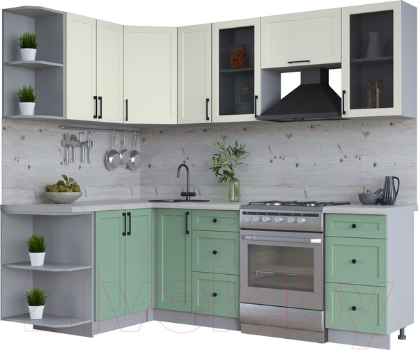 Изображение товара Кухонный гарнитур Интерлиния Тренд 1.5x2.3 левая (мята/белый/бискайская сосна)