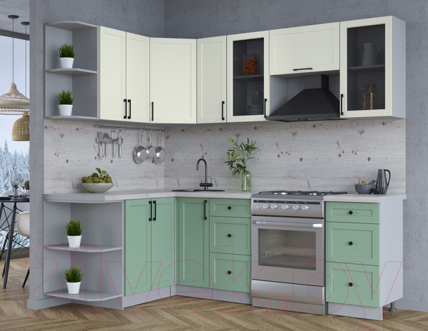 Изображение товара Кухонный гарнитур Интерлиния Тренд 1.5x2.3 левая (мята/белый/бискайская сосна)