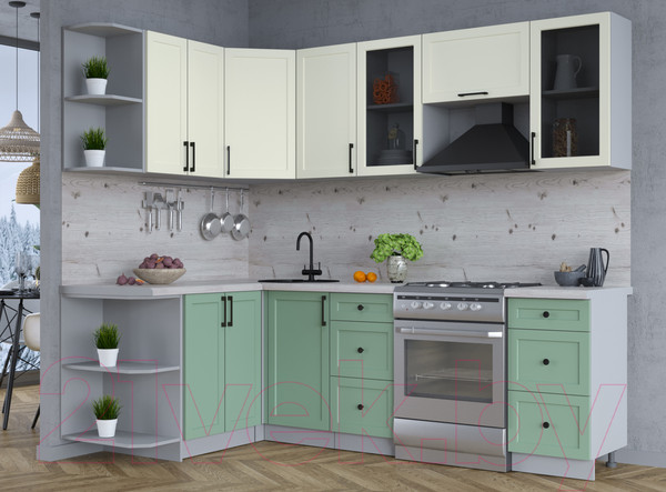 Изображение товара Кухонный гарнитур Интерлиния Тренд 1.5x2.4 левая (мята/белый/бискайская сосна)
