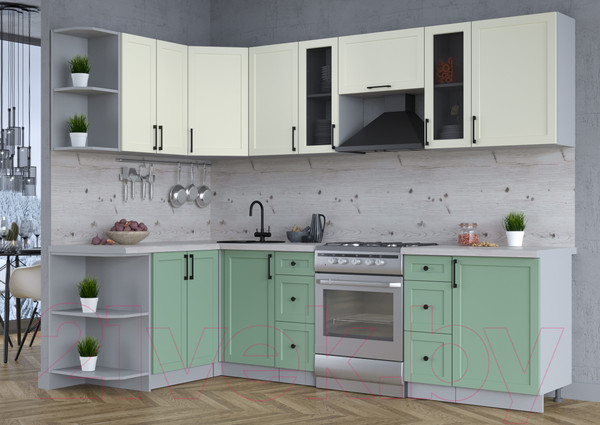 Изображение товара Кухонный гарнитур Интерлиния Тренд 1.5x2.7 левая (мята/белый/бискайская сосна)