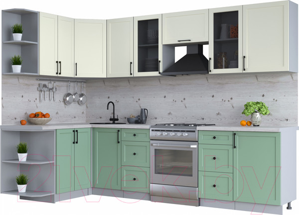 Изображение товара Кухонный гарнитур Интерлиния Тренд 1.5x2.9 левая (мята/белый/бискайская сосна)