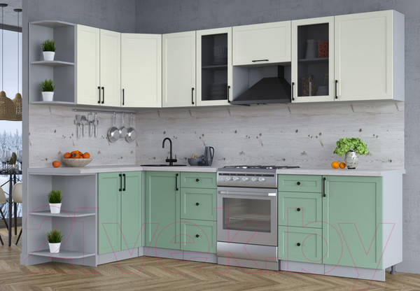 Изображение товара Кухонный гарнитур Интерлиния Тренд 1.5x2.9 левая (мята/белый/бискайская сосна)