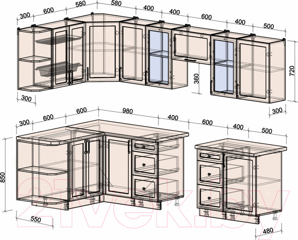 Изображение товара Кухонный гарнитур Интерлиния Тренд 1.5x2.9 левая (океан/океан/дуб бунратти)