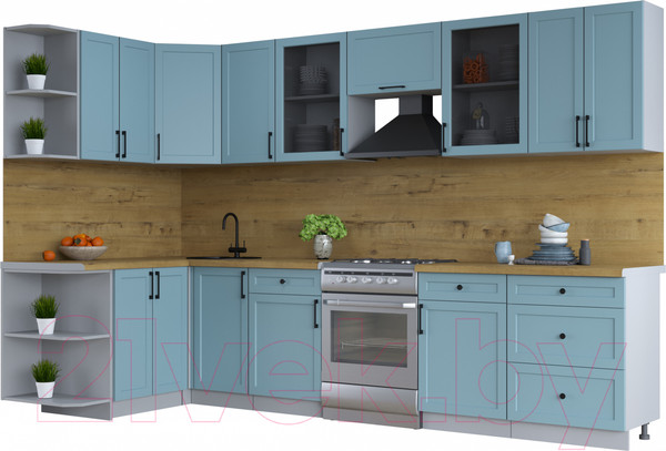 Изображение товара Кухонный гарнитур Интерлиния Тренд 1.5x3.2 левая (океан/океан/дуб бунратти)