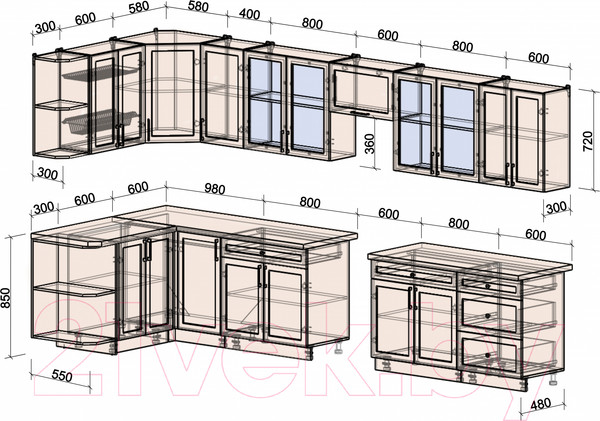 Изображение товара Кухонный гарнитур Интерлиния Тренд 1.5x3.8 левая (океан/океан/дуб бунратти)
