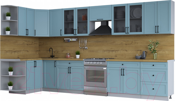 Изображение товара Кухонный гарнитур Интерлиния Тренд 1.5x3.8 левая (океан/океан/дуб бунратти)