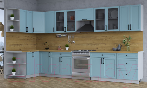 Изображение товара Кухонный гарнитур Интерлиния Тренд 1.5x3.8 левая (океан/океан/дуб бунратти)