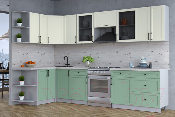 Изображение товара Кухонный гарнитур Интерлиния Тренд 1.5x3.2 левая (мята/белый/бискайская сосна)
