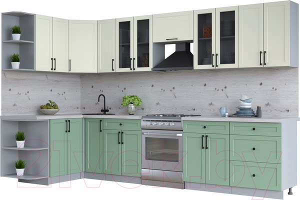 Изображение товара Кухонный гарнитур Интерлиния Тренд 1.5x3.3 левая (мята/белый/бискайская сосна)