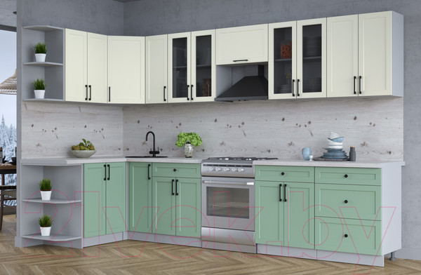 Изображение товара Кухонный гарнитур Интерлиния Тренд 1.5x3.3 левая (мята/белый/бискайская сосна)
