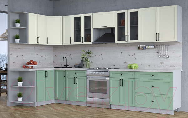 Изображение товара Кухонный гарнитур Интерлиния Тренд 1.5x3.5 левая (мята/белый/бискайская сосна)