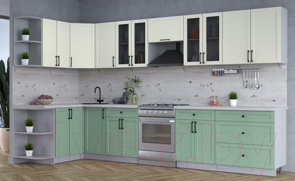 Изображение товара Кухонный гарнитур Интерлиния Тренд 1.5x3.6 левая (мята/белый/бискайская сосна)