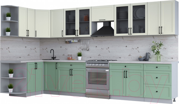 Изображение товара Кухонный гарнитур Интерлиния Тренд 1.5x3.8 левая (мята/белый/бискайская сосна)