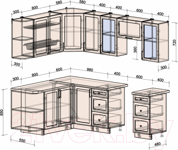 Изображение товара Кухонный гарнитур Интерлиния Тренд 1.7x2.4 левая (луна/белый/серый каспий)