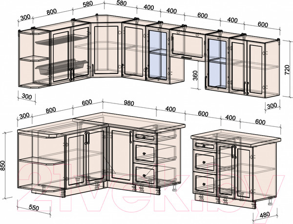 Изображение товара Кухонный гарнитур Интерлиния Тренд 1.7x3.0 левая (луна/белый/серый каспий)