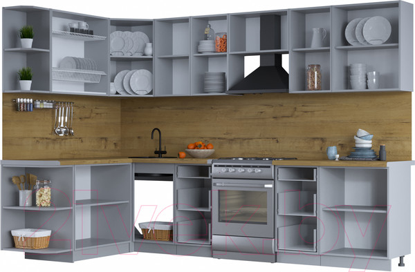 Изображение товара Кухонный гарнитур Интерлиния Тренд 1.7x3.0 левая (луна/белый/серый каспий)