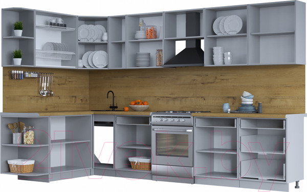 Изображение товара Кухонный гарнитур Интерлиния Тренд 1.7x3.3 левая (луна/белый/серый каспий)