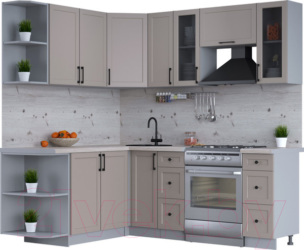 Изображение товара Кухонный гарнитур Интерлиния Тренд 1.7x2.1 левая (луна/луна/бискайская сосна)