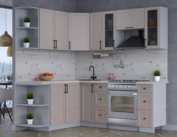 Изображение товара Кухонный гарнитур Интерлиния Тренд 1.7x2.1 левая (луна/луна/бискайская сосна)