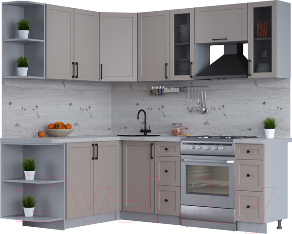 Изображение товара Кухонный гарнитур Интерлиния Тренд 1.7x2.2 левая (луна/луна/бискайская сосна)