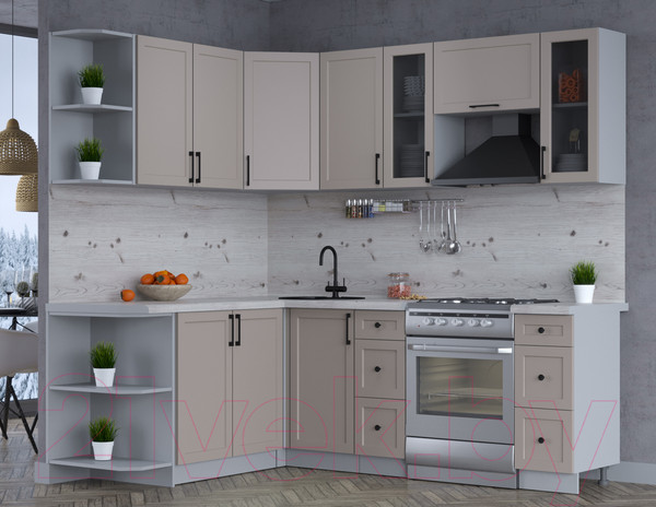 Изображение товара Кухонный гарнитур Интерлиния Тренд 1.7x2.2 левая (луна/луна/бискайская сосна)