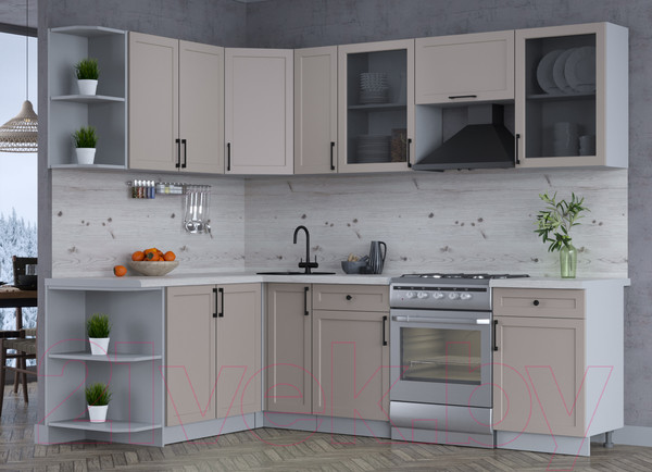 Изображение товара Кухонный гарнитур Интерлиния Тренд 1.7x2.5 левая (луна/луна/бискайская сосна)