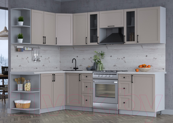 Изображение товара Кухонный гарнитур Интерлиния Тренд 1.7x2.7 левая (луна/луна/бискайская сосна)