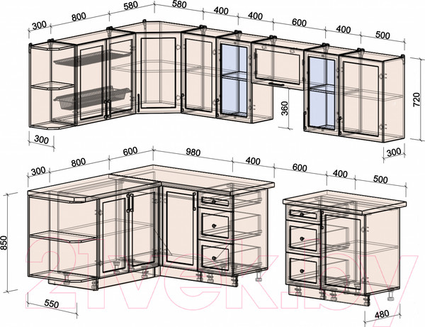 Изображение товара Кухонный гарнитур Интерлиния Тренд 1.7x2.9 левая (луна/луна/бискайская сосна)