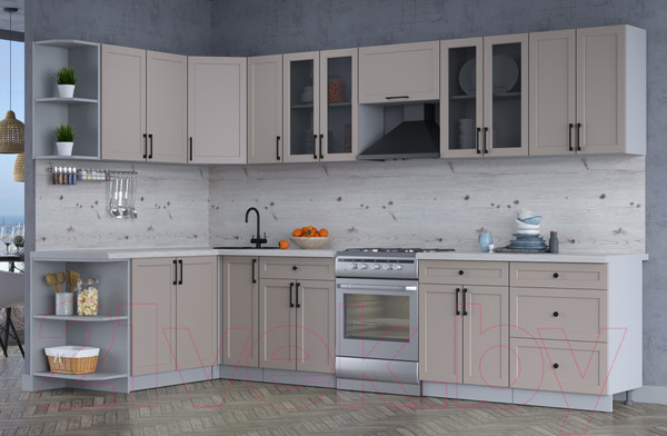 Изображение товара Кухонный гарнитур Интерлиния Тренд 1.7x3.3 левая (луна/луна/бискайская сосна)