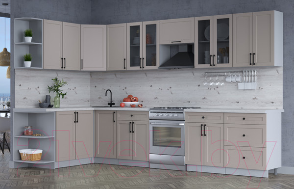 Изображение товара Кухонный гарнитур Интерлиния Тренд 1.7x3.4 левая (луна/луна/бискайская сосна)