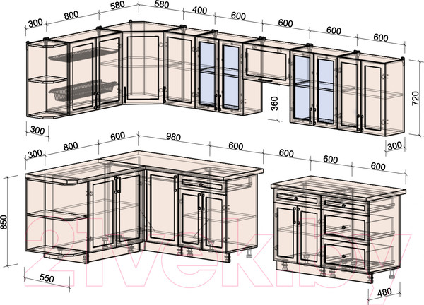 Изображение товара Кухонный гарнитур Интерлиния Тренд 1.7x3.4 левая (луна/луна/бискайская сосна)