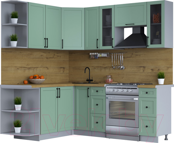 Изображение товара Кухонный гарнитур Интерлиния Тренд 1.7x2.1 левая (мята/мята/дуб бунратти)