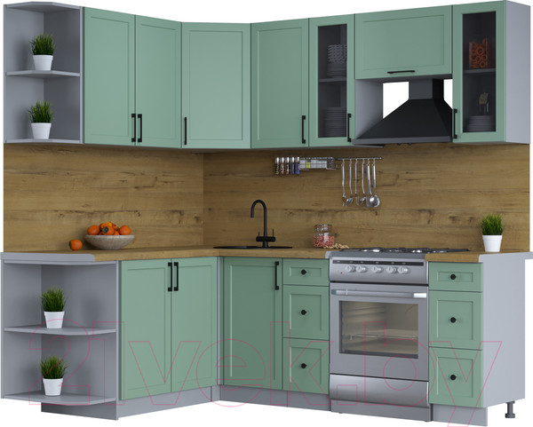 Изображение товара Кухонный гарнитур Интерлиния Тренд 1.7x2.2 левая (мята/мята/дуб бунратти)