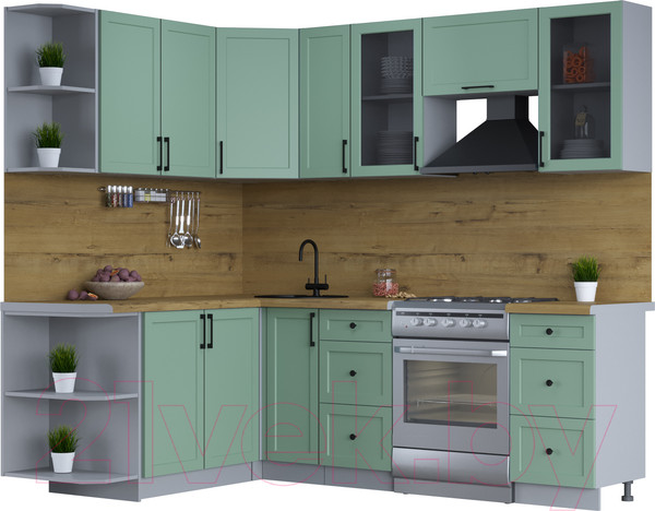 Изображение товара Кухонный гарнитур Интерлиния Тренд 1.7x2.3 левая (мята/мята/дуб бунратти)