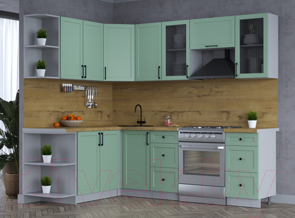 Изображение товара Кухонный гарнитур Интерлиния Тренд 1.7x2.4 левая (мята/мята/дуб бунратти)