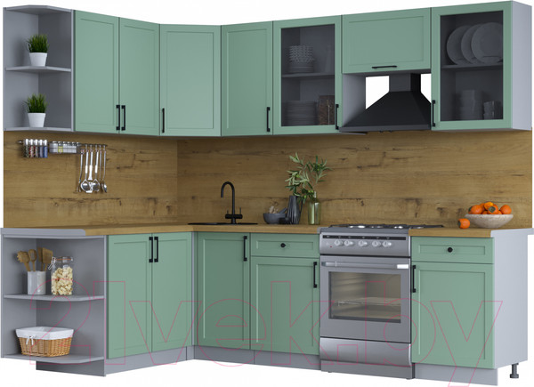 Изображение товара Кухонный гарнитур Интерлиния Тренд 1.7x2.6 левая (мята/мята/дуб бунратти)