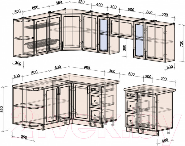 Изображение товара Кухонный гарнитур Интерлиния Тренд 1.7x2.7 левая (мята/мята/дуб бунратти)