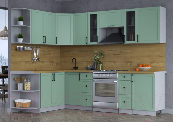 Изображение товара Кухонный гарнитур Интерлиния Тренд 1.7x2.7 левая (мята/мята/дуб бунратти)