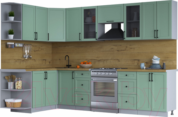 Изображение товара Кухонный гарнитур Интерлиния Тренд 1.7x3.0 левая (мята/мята/дуб бунратти)