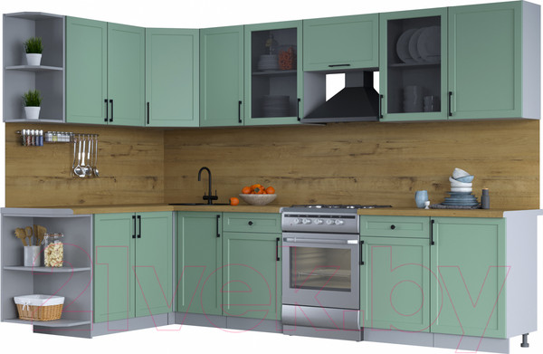 Изображение товара Кухонный гарнитур Интерлиния Тренд 1.7x3.1 левая (мята/мята/дуб бунратти)