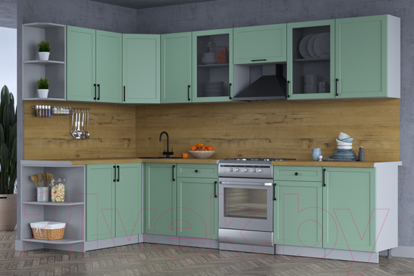 Изображение товара Кухонный гарнитур Интерлиния Тренд 1.7x3.1 левая (мята/мята/дуб бунратти)