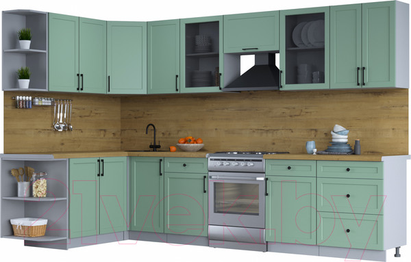 Изображение товара Кухонный гарнитур Интерлиния Тренд 1.7x3.2 левая (мята/мята/дуб бунратти)