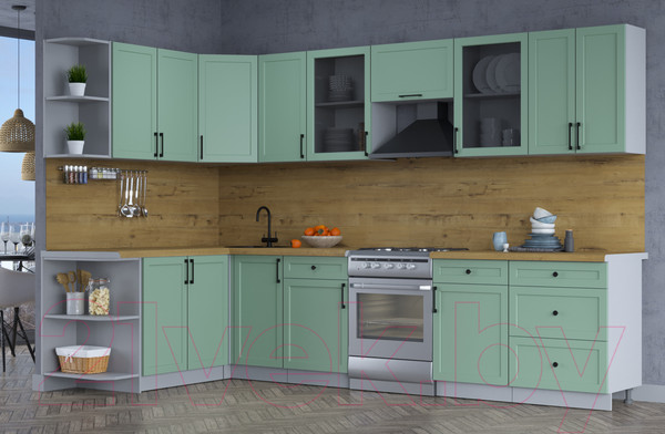Изображение товара Кухонный гарнитур Интерлиния Тренд 1.7x3.2 левая (мята/мята/дуб бунратти)