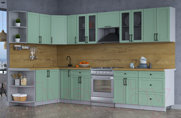 Изображение товара Кухонный гарнитур Интерлиния Тренд 1.7x3.3 левая (мята/мята/дуб бунратти)