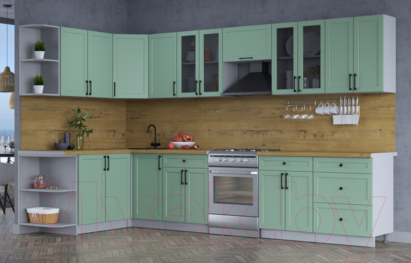 Изображение товара Кухонный гарнитур Интерлиния Тренд 1.7x3.4 левая (мята/мята/дуб бунратти)