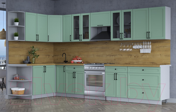 Изображение товара Кухонный гарнитур Интерлиния Тренд 1.7x3.5 левая (мята/мята/дуб бунратти)