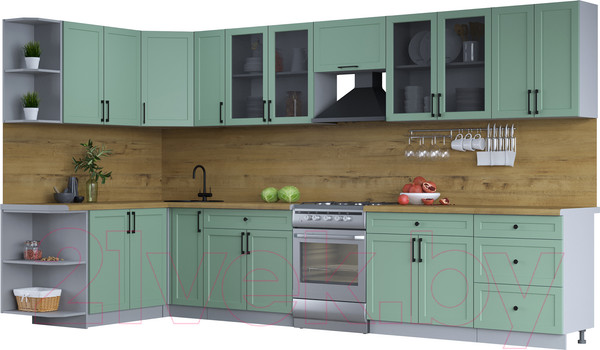 Изображение товара Кухонный гарнитур Интерлиния Тренд 1.7x3.7 левая (мята/мята/дуб бунратти)