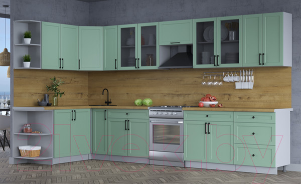 Изображение товара Кухонный гарнитур Интерлиния Тренд 1.7x3.7 левая (мята/мята/дуб бунратти)