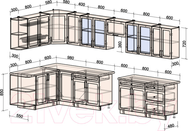 Изображение товара Кухонный гарнитур Интерлиния Тренд 1.7x3.8 левая (мята/мята/дуб бунратти)